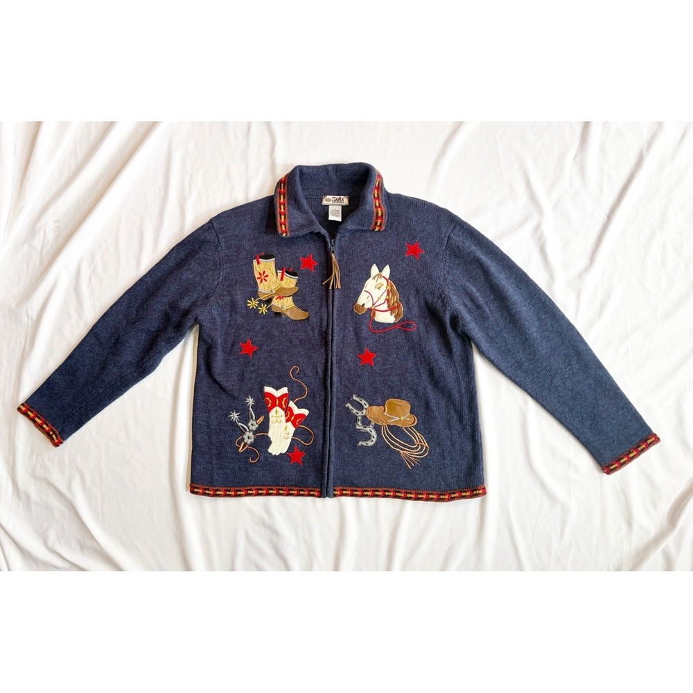 Tiara Int. Equestrian Full Zip Sweater Jacket Wmns L Horse Cowgirl Embroidery